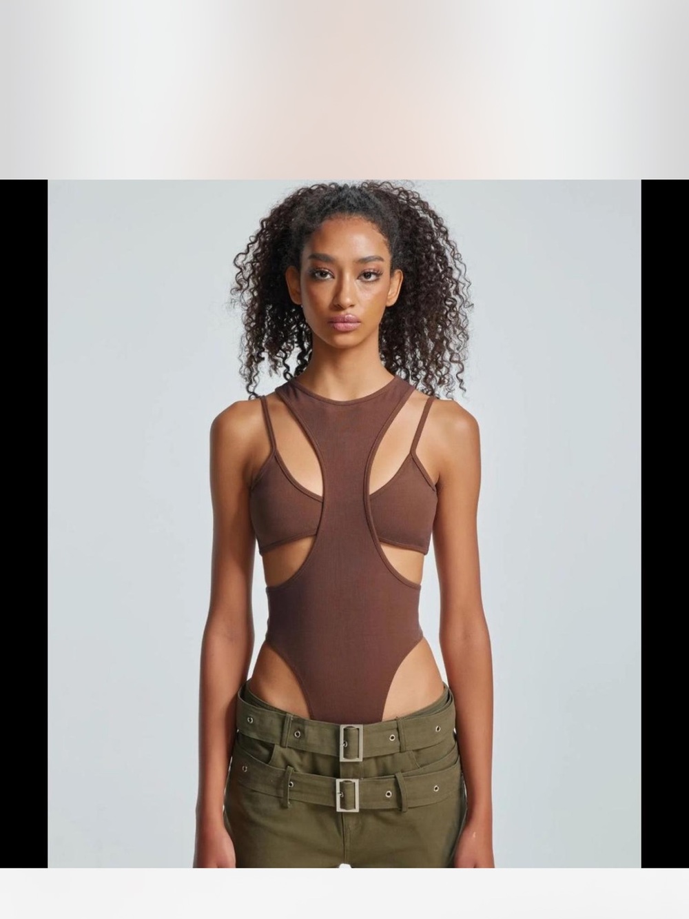 Brown Cutout Ribbed Sleeveless Bodysuit